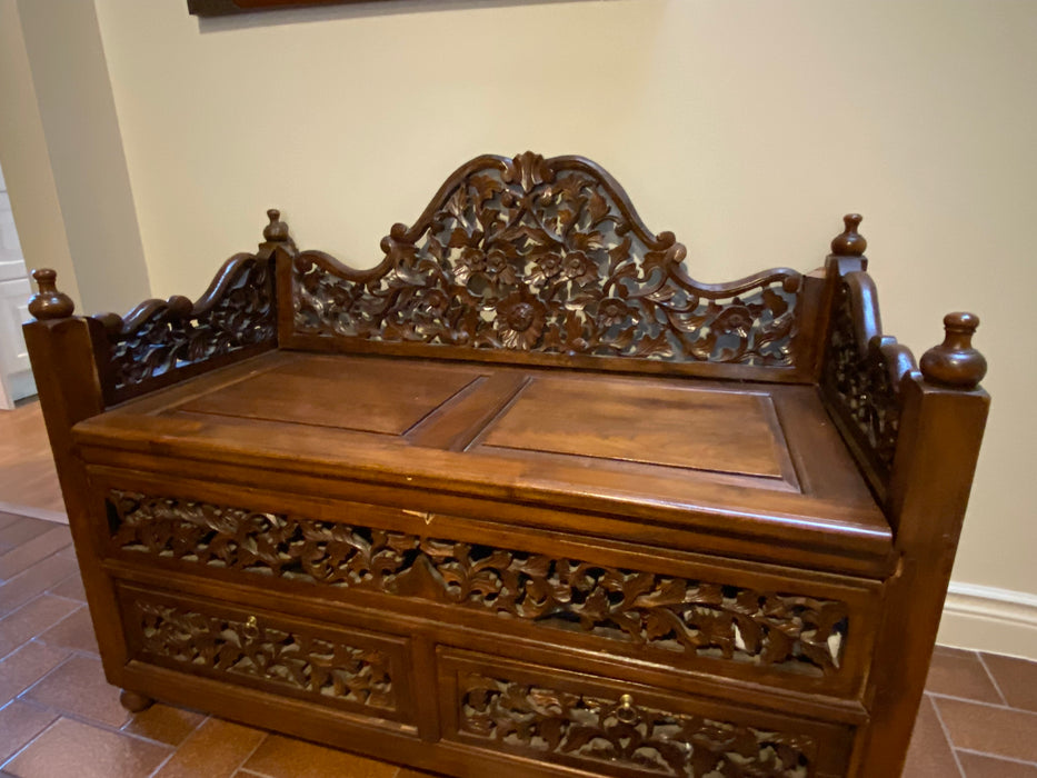 Floral Carved Teak Storage Bench